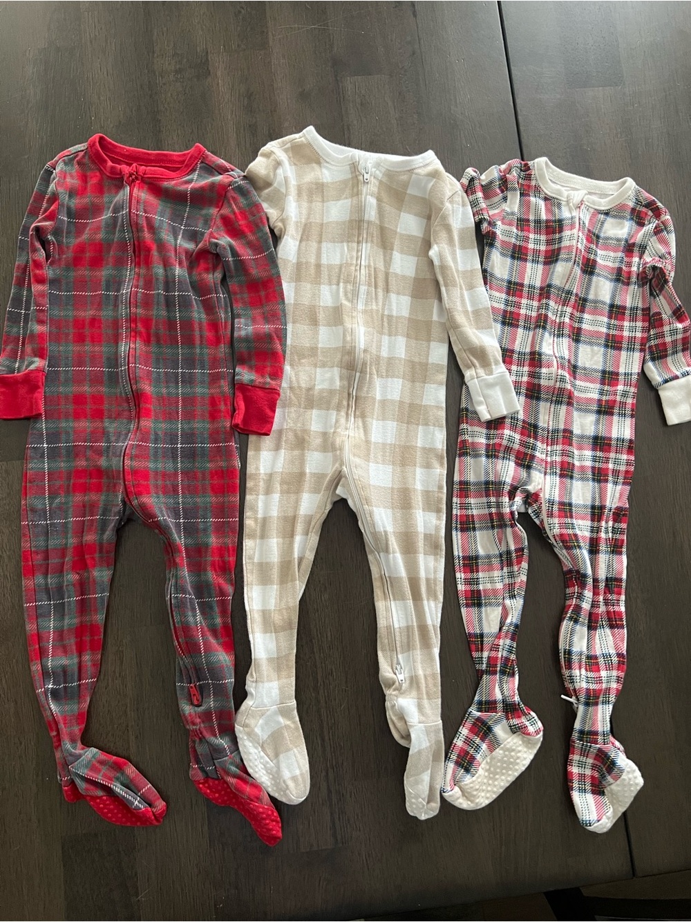 Old Navy Red & Beige Plaid Footed One-Piece Set of 3